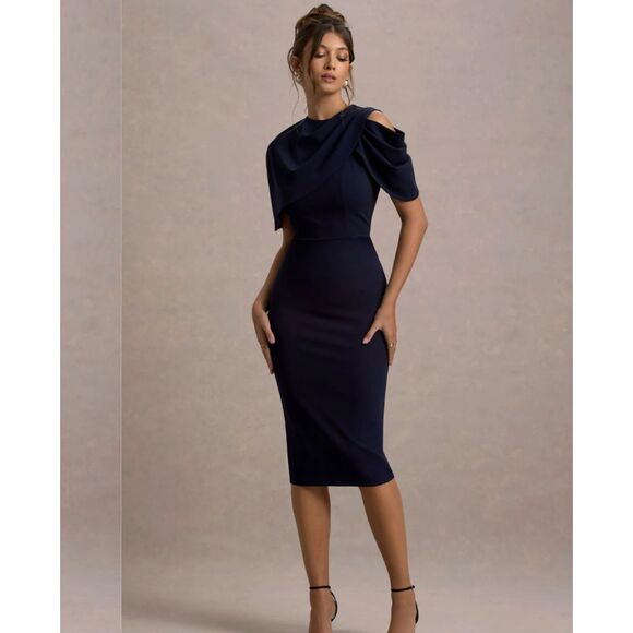 Club L London Dresses & Skirts - NWT Club L London Navy Draped Midi Dress With Cape | Size US 4